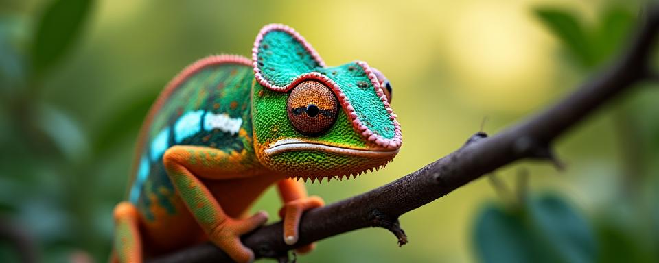 Un camaleonte colorato che si arrampica su un ramo, osservando lo spettatore con un occhio, simbolo della curiosità e della connessione con la natura.