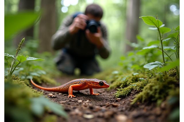 Fotografo naturalista che scatta foto a un rettile nel suo habitat