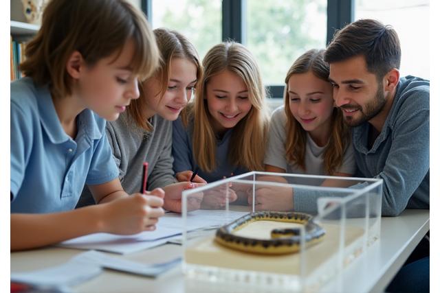 Studente in un workshop di erpetologia che osserva un piccolo serpente